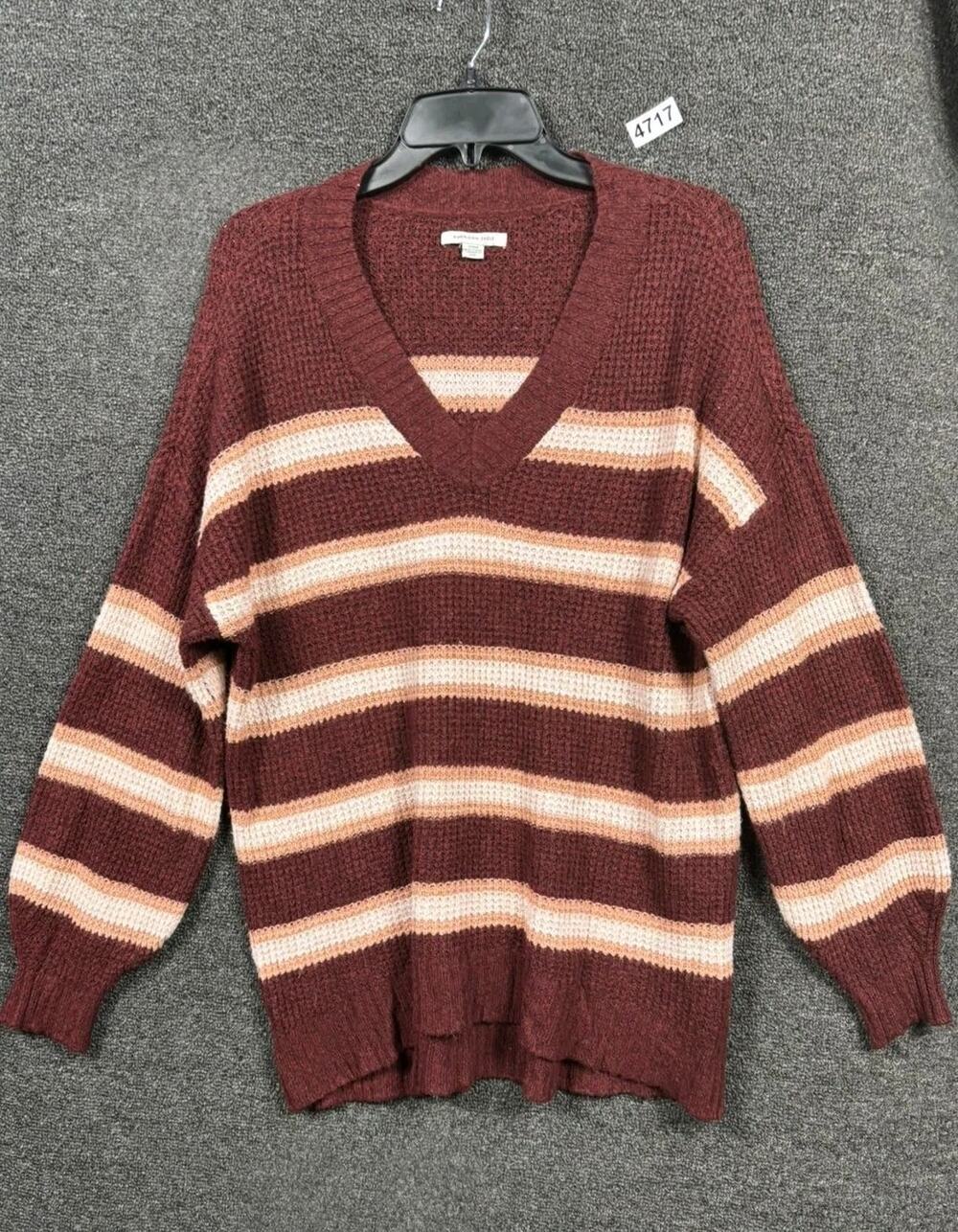 American Eagle Oversized Waffle Knit Sweater Womens Sz S Burgundy Striped V Neck